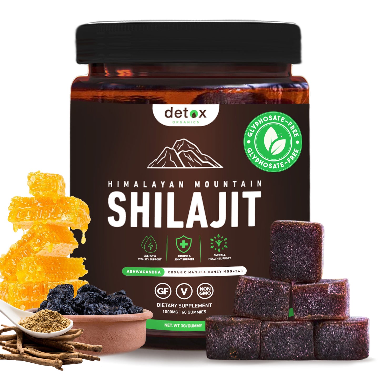 Shilajit Gummies with Authentic Himalayan Shilajit, Ashwagandha & Organic Manuka Honey MGO +263 – Pure Trace Minerals & Fulvic Acid Supplement – Immune Support, Energy & Vitality Booster – 60 Vegan Gummies